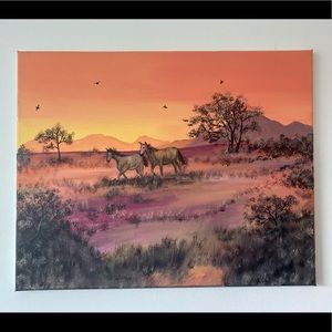 Horses in a field painting/ home decor/ sunset scene